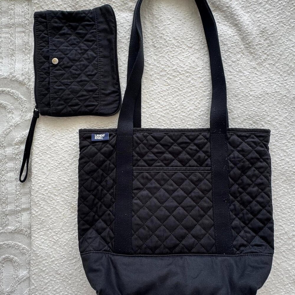 Lands End Quilted Black Tote Bag and matching pouch